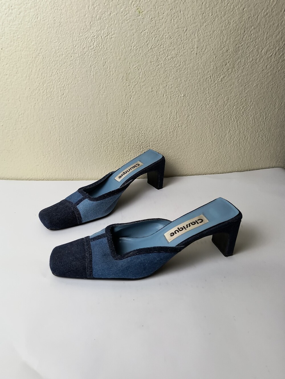 Classique 7.5M Two-Tone Blue Denim Square-Toe Mules Vintage Y2K